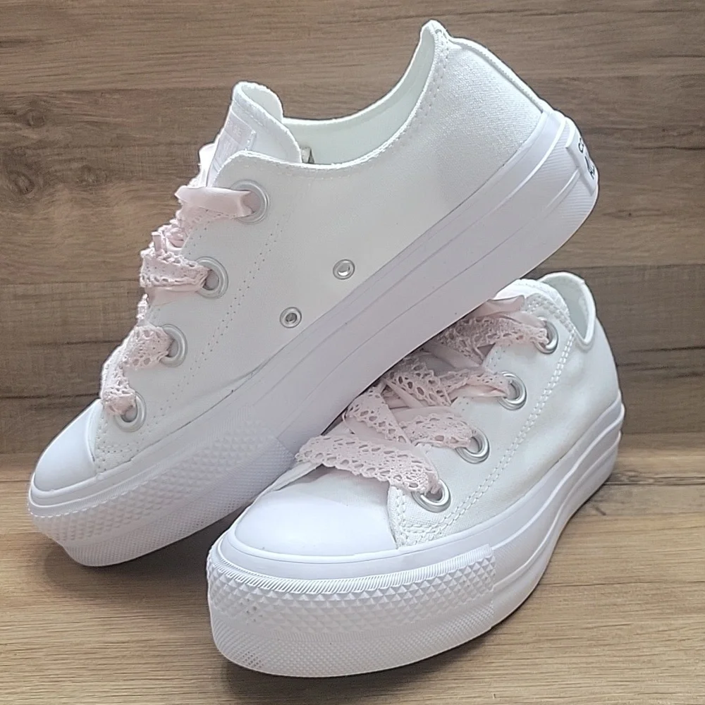 Converse Kids White Sneakers with Pink Laces